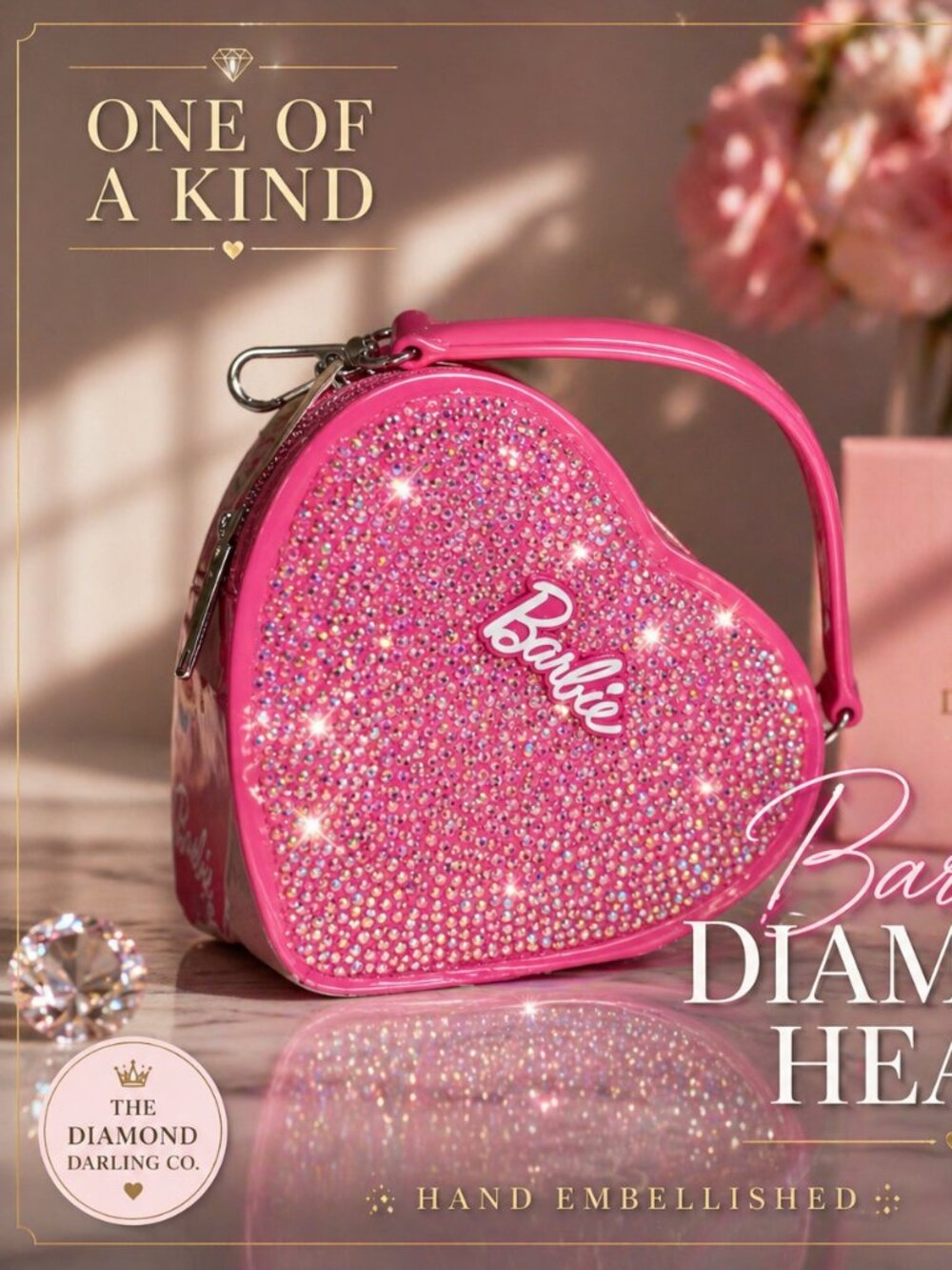 Custom Barbie Rhinestone Heart Bag | Hand Embellished Crystal Purse | Pink Glam